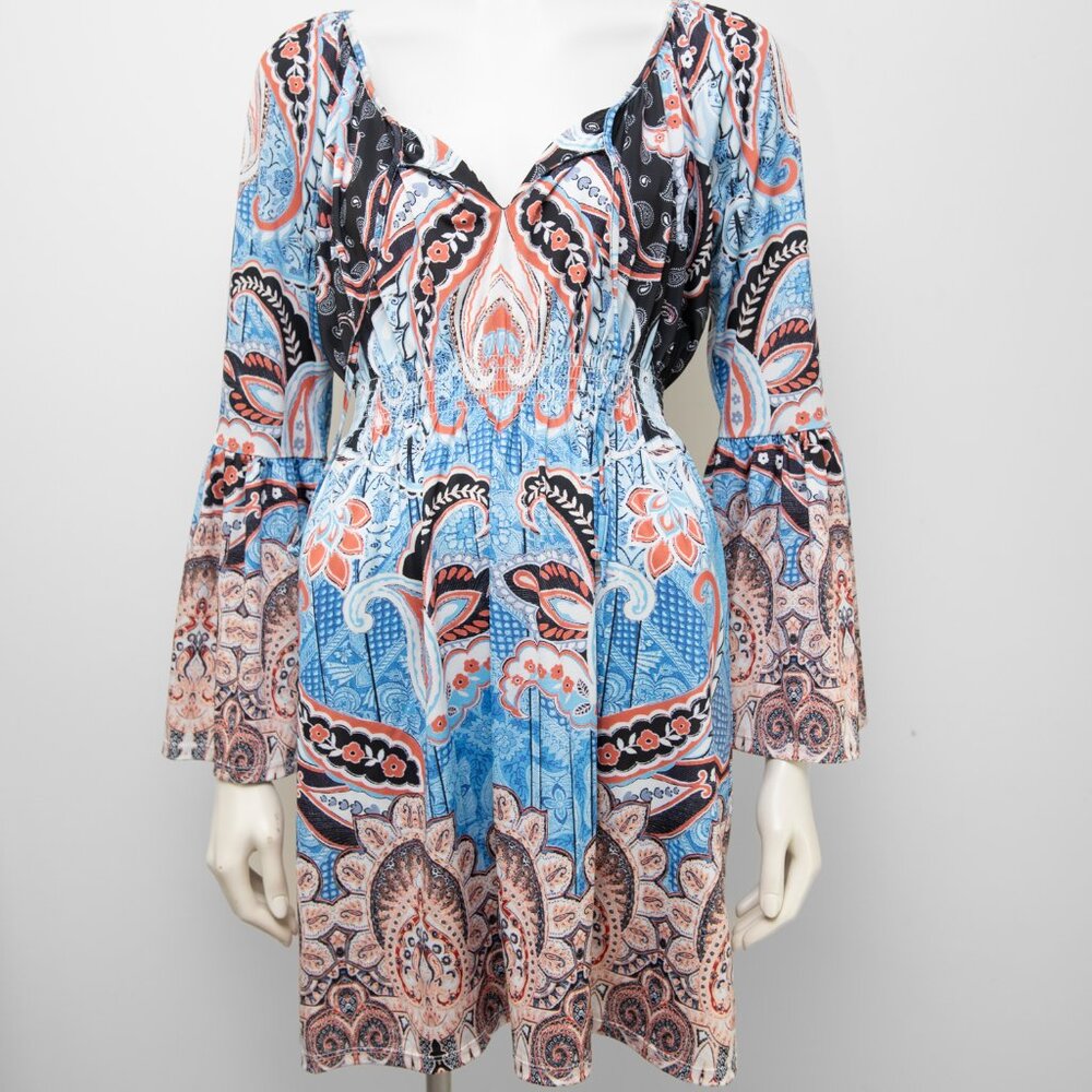 Boston Proper Dress Smocked Bell Sleeve Paisley Multicolor Blue Black Size 12
